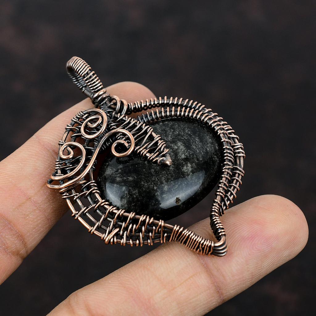 Серебряный блестящий обсидиановый кулон, обернутый медной проволокой, натуральный драгоценный камень, ювелирное изделие ручной работы, обернутый медной проволокой, ювелирное изделие в подарок для матери
