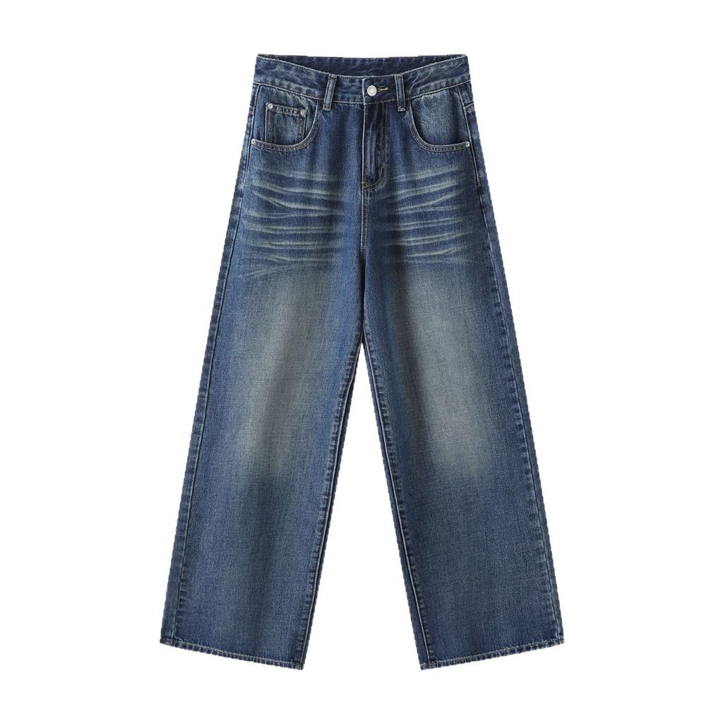 Retro blue jeans women's autumn and winter new cat whisker design straight loose high waist thin wide leg pants trendy