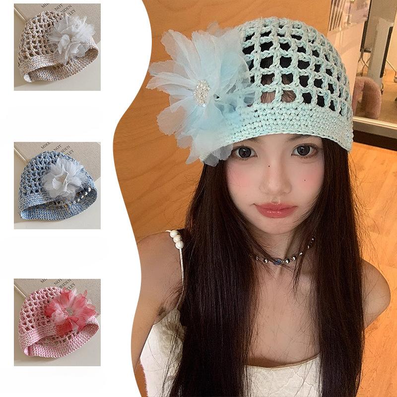 Women's Spring and Summer Korean Style Thin Hollow Breathable Sunshade Handmade Knitted Hat Sweet Wool Linen Fishnet Hat