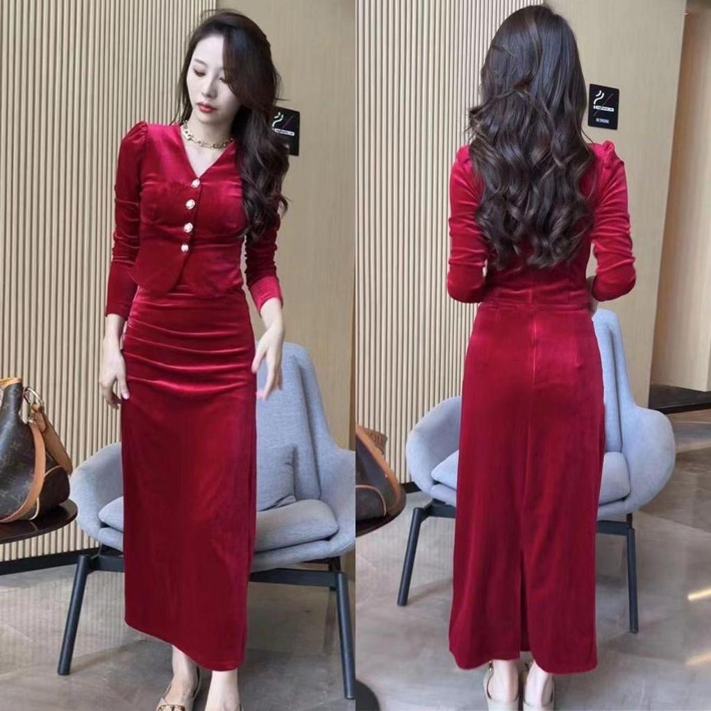 Бархатный комплект женской юбки-бодикон с высокой талией на осень 2025 года