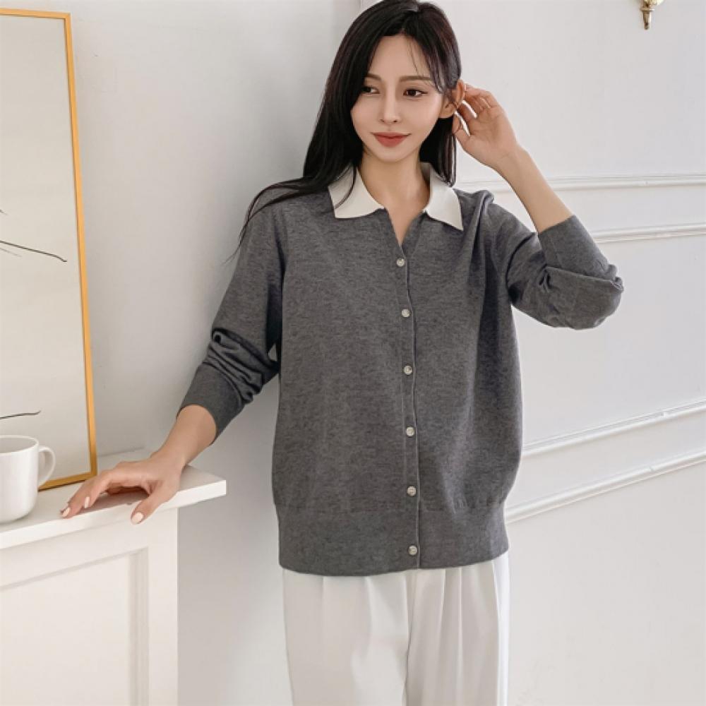 New Arrivals Open Run Women Color Block Collar Button Basic Fit Autumn Knit Card