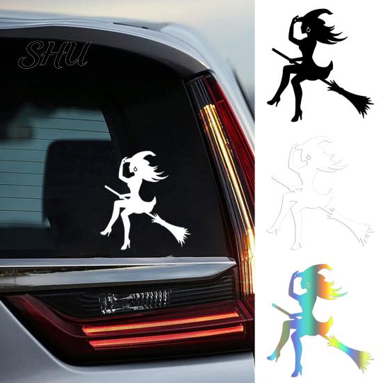 Weatherproof Car Sticker Halloween Witch Flying Broom Weather-resistant Self-adhesive Auto SUV Motorbike Bumper Vehicle Window Body Wall Decoration