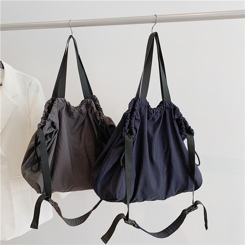 Japanese Large-capacity Nylon Cloth Bag, Fashionable and Lightweight Tote Bag, Drawstring Shoulder Bag, Lazy Wind Pleated Messenger Bag.