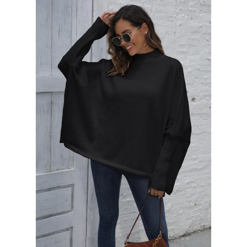 Women's Pullover Autumn and Winter Loose Split Bat Sleeve Half High Neck Sweater