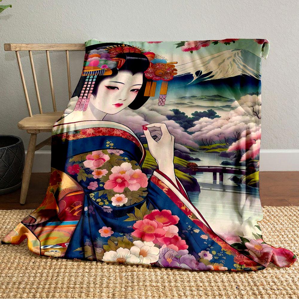 Floral kimono design with cherry blossoms and Mount Fuji in the background. for all seasons blanket lunch break throw gift