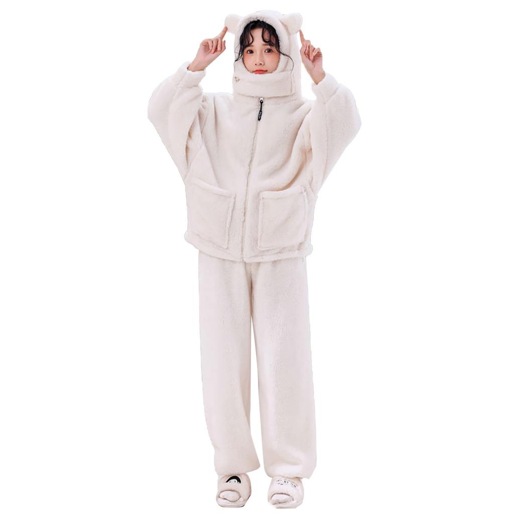 LAVASEON Winter Pajama Cute Animal Print with Bear Warm and Fun Open Fleece and Comfortable Loungewear for Fall and Winter Women's Set, Fluffy, Ears,