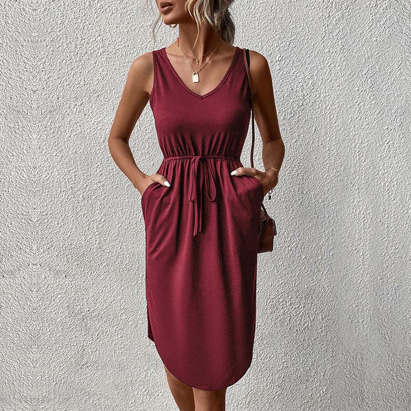 Женское летнее шикарное платье без рукавов сплошного цвета с V-образным вырезом на шнуровке