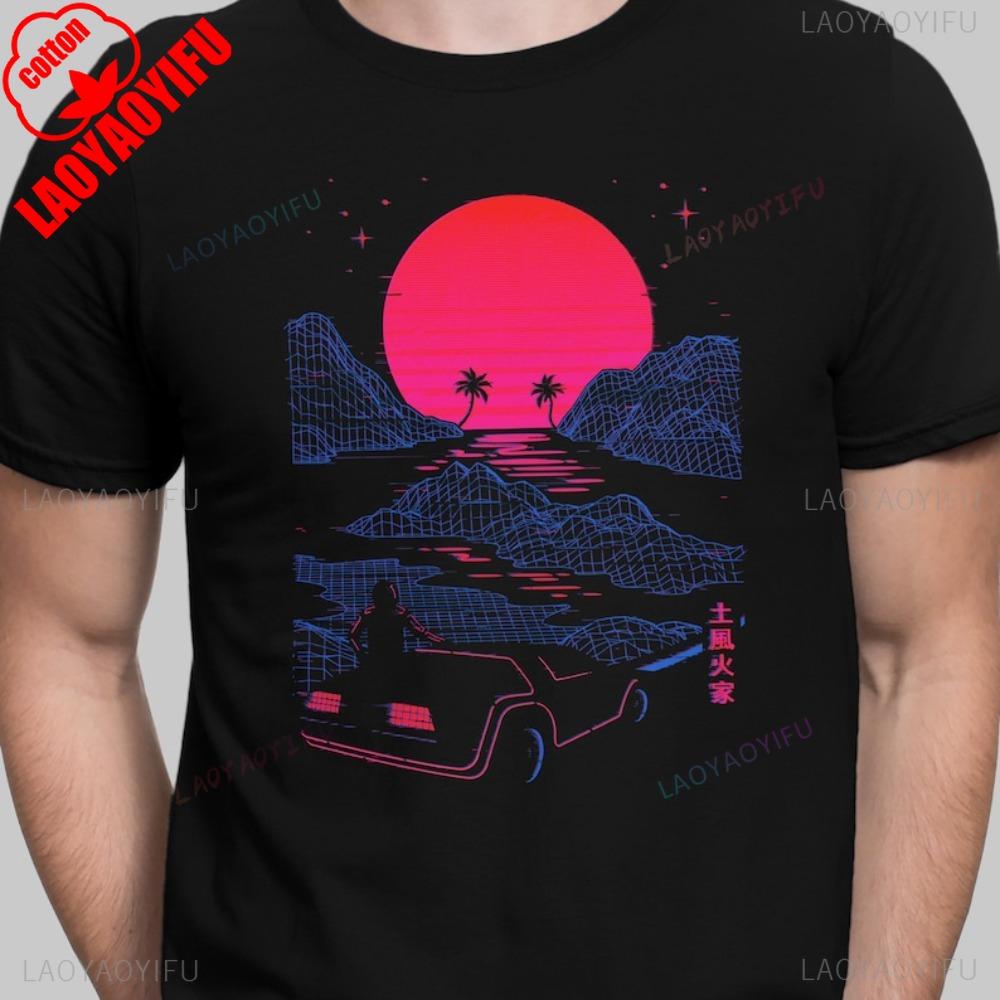 Ретро Восьмидесятые Вапорвейв Футболка 80-е Ночная Поездка Унисекс Футболка Винтажная Эстетика Мужчины Женщины Универсальная Мода Футболка с Круглым Вырезом