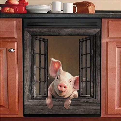 Funny Pig Dishwasher Sticker Kitchen Cabinet Panels,Farm Window Refrigerator Door Cover Sheet,Animal Fridge Manget,Home Appliances Decor Decals