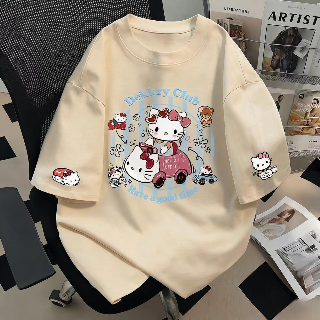 Футболка Hello Kitty с коротким рукавом из мягкого хлопка, повседневная, с круглым вырезом, милый мультяшный принт, легкий летний топ для женщин, для повседневной носки