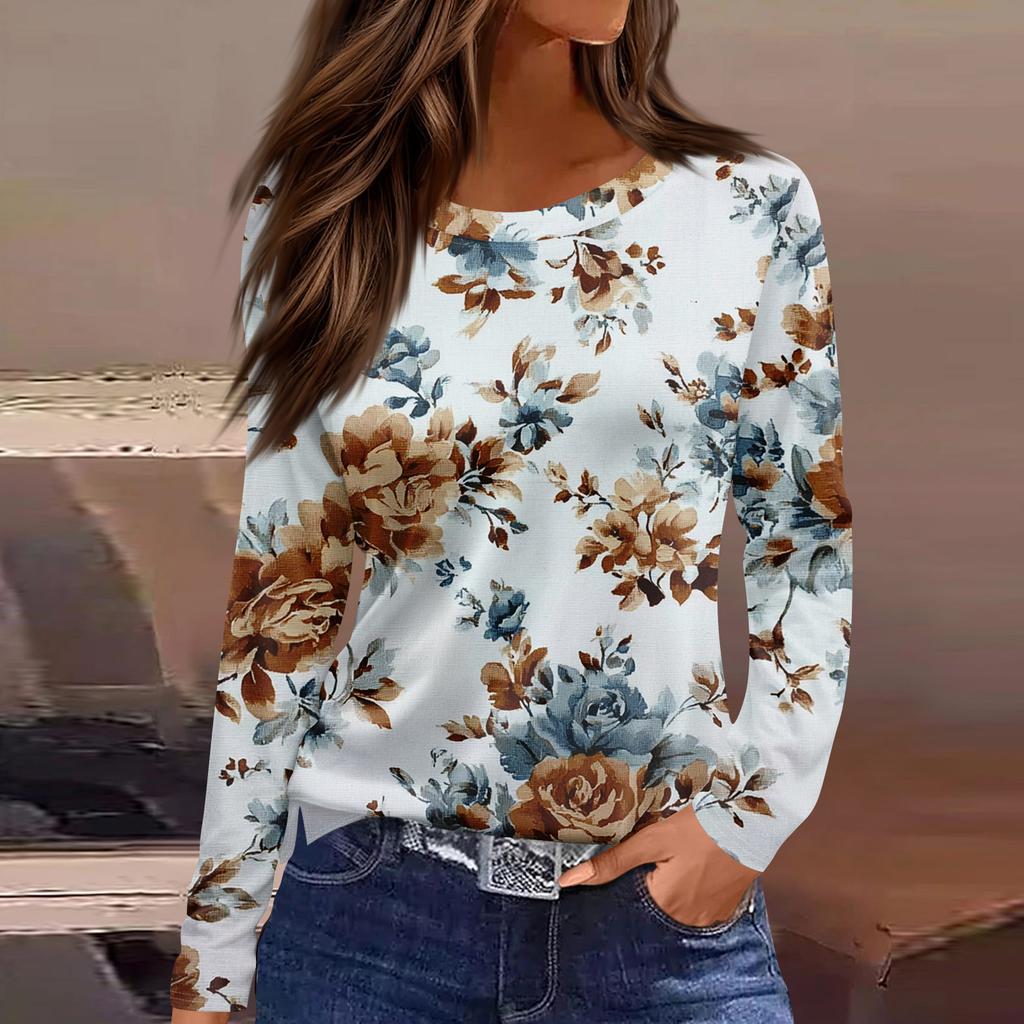 Women's Fashion Casual Slit Hem Round Neck Long Sleeve Loose  Printed T-Shirt Ladies Top