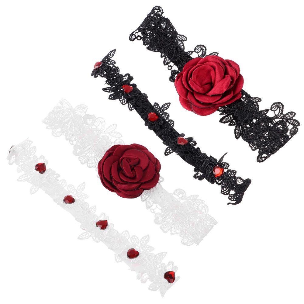 Stretch Handmade Embroidered Stretch Garter Lace Leg Ring Set Lace Red Rose Flower Garters