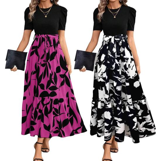 Летнее платье с круглым вырезом, коротким рукавом, высокой талией, длинное платье, сшитое из нескольких частей