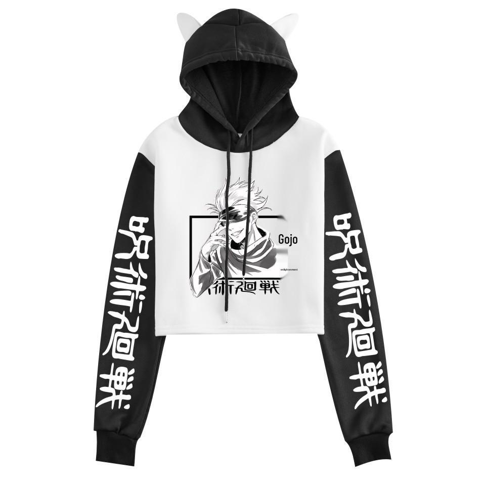 Худи с укороченным кроем и ушками кошки, дизайн Color Block, Годжо Сатору, Jujutsu Kaisen 2021