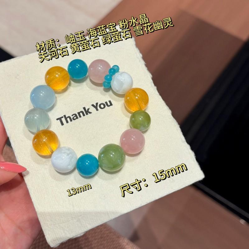 Handmade Natural Multi-Stone Beaded Bracelet With Aquamarine Xiuyu Stones 15mm Round Beads Rainbow Style Women