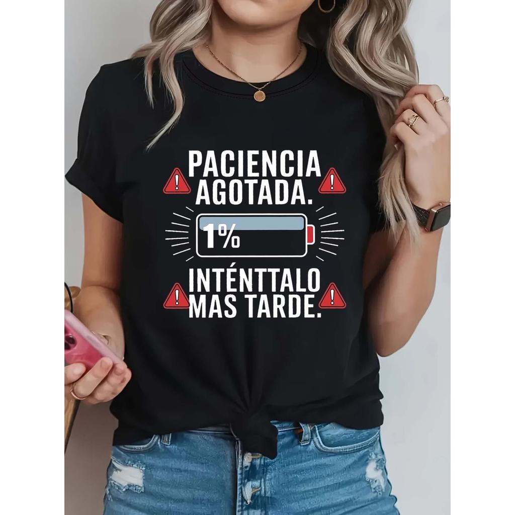 Casual Short-Sleeve T-Shirt with A Battery Icon, Designed for Plus-Size Women. This Bold Letter Graphic Top Is Comfortable and Stylish