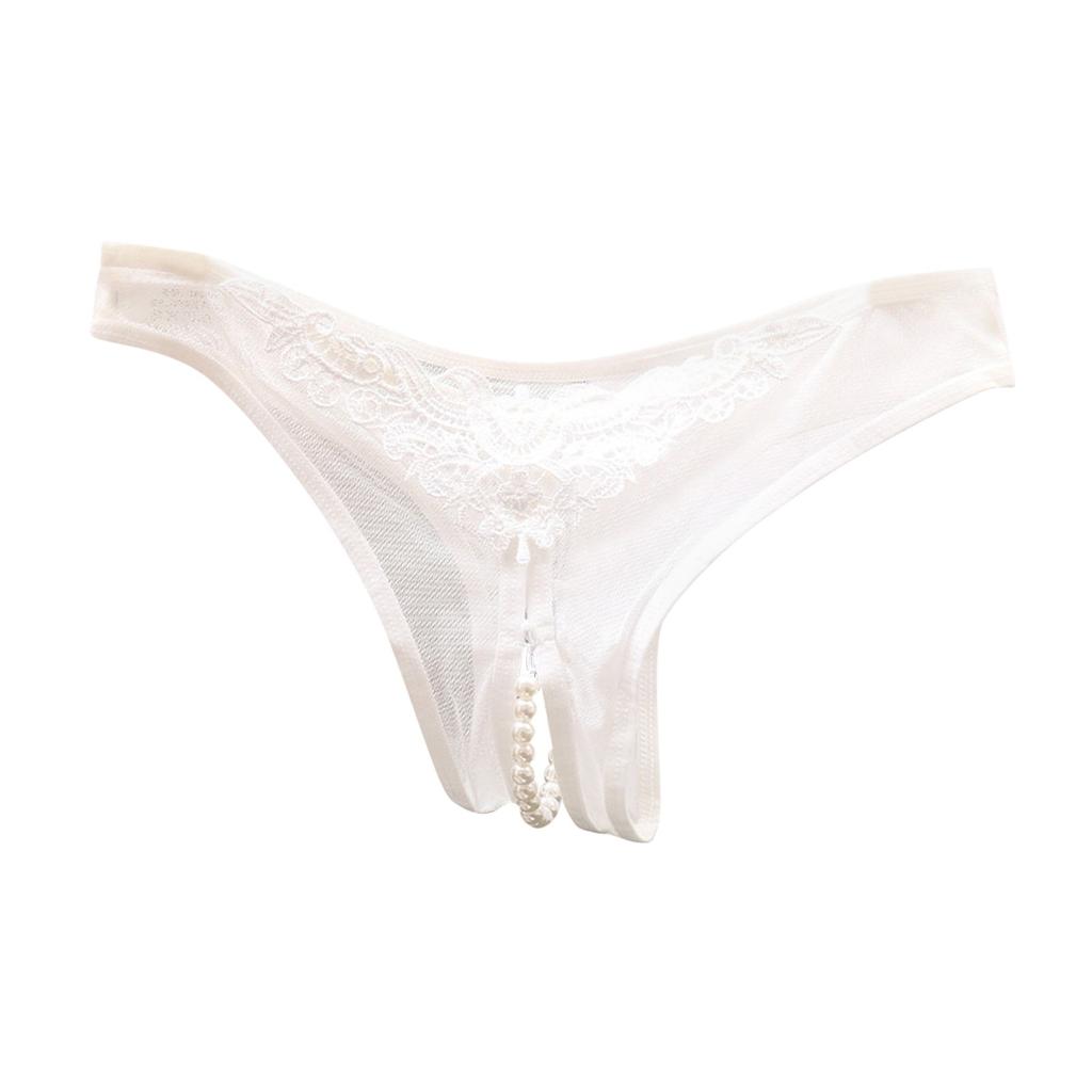 Sexy Hollow Out Crotchless Panties For Women Pearl Low Waist Lace Sheer Mesh Underwear Transparent Beaded Embroidered Thongs