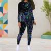 Women Plus Size Black Printed Round Neck Long Sleeve Top And Fitted Pants Two Piece Set