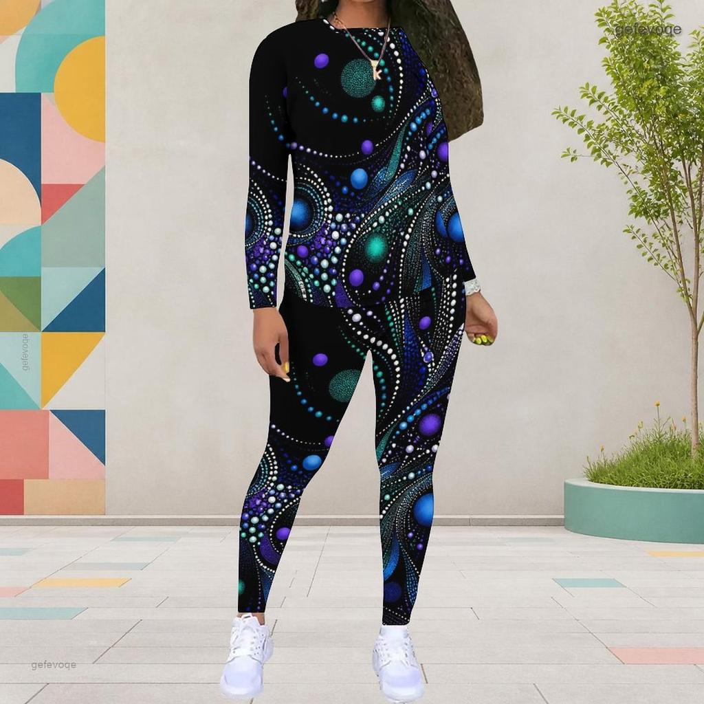 Women Plus Size Black Printed Round Neck Long Sleeve Top And Fitted Pants Two Piece Set