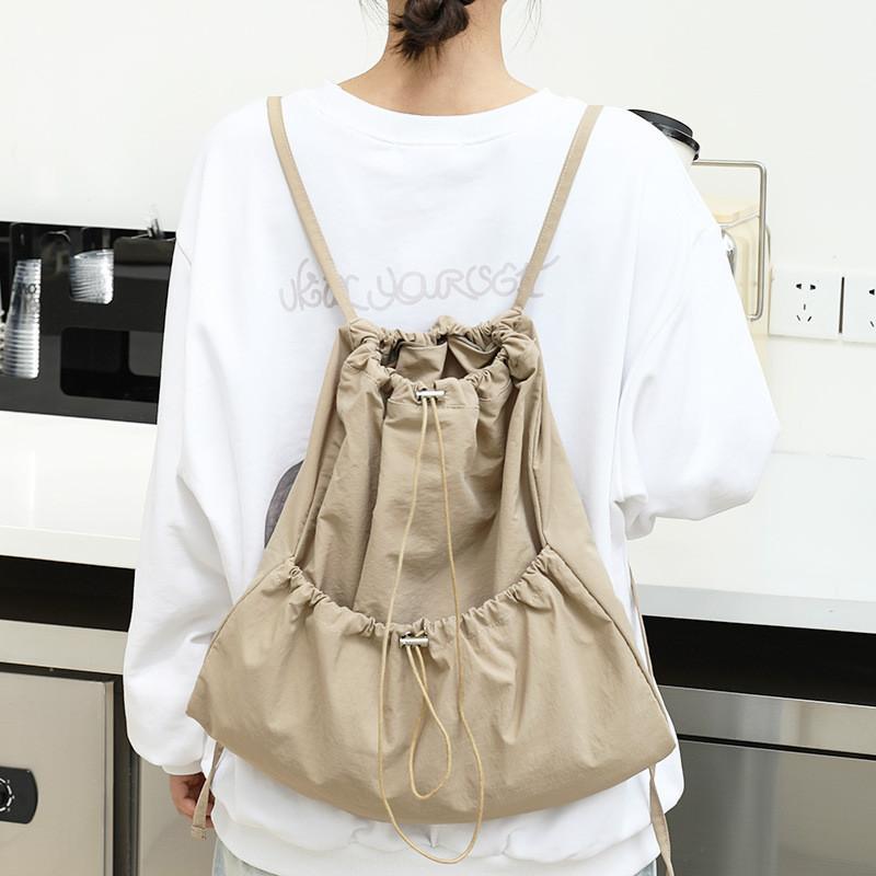 IELGY Japanese Casual Art Canvas Backpack, Fashionable Drawstring Pleated Schoolbag, Nylon Large-capacity Backpack, Khaki.