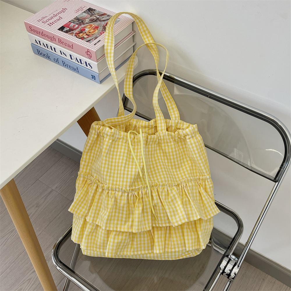 Sweet Canvas Plaid Bag College Style Cute Ruched Handbag Casual Ruffle Shoulder Bag  Travel