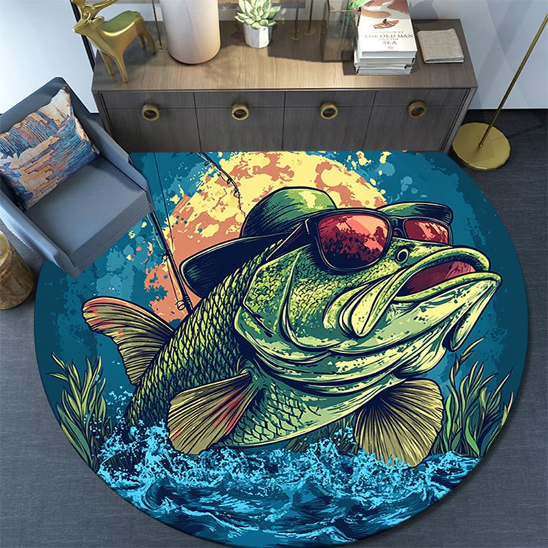 Bass Fish Round Area Rug,Carpet Rug for Living Room Bedroom Sofa Playroom Decor,Non-slip Floor Mat