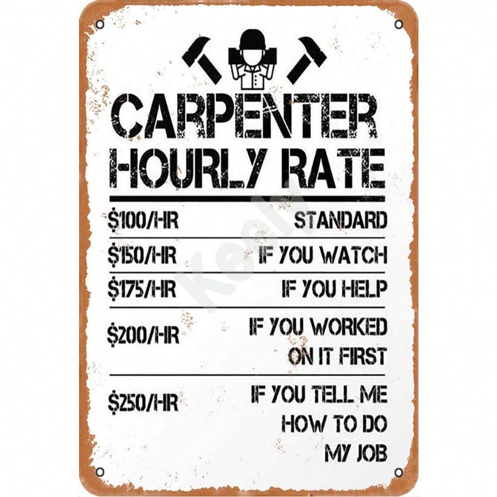 Humorous Carpenter "Hourly Rate" Metal Plaque, Vintage Workshop Decor, Home Art Accent for Woodworker & Humor Fans