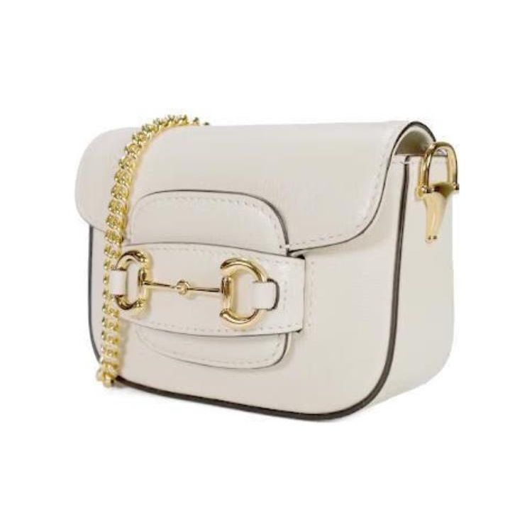 Gucci Horsebit 1955 White Leather Crossbody Bag, Gold Hardware Detachable Chain & Web Strap, Women's Daily Shopping Shoulder Handbag 699760-18YSG-9068