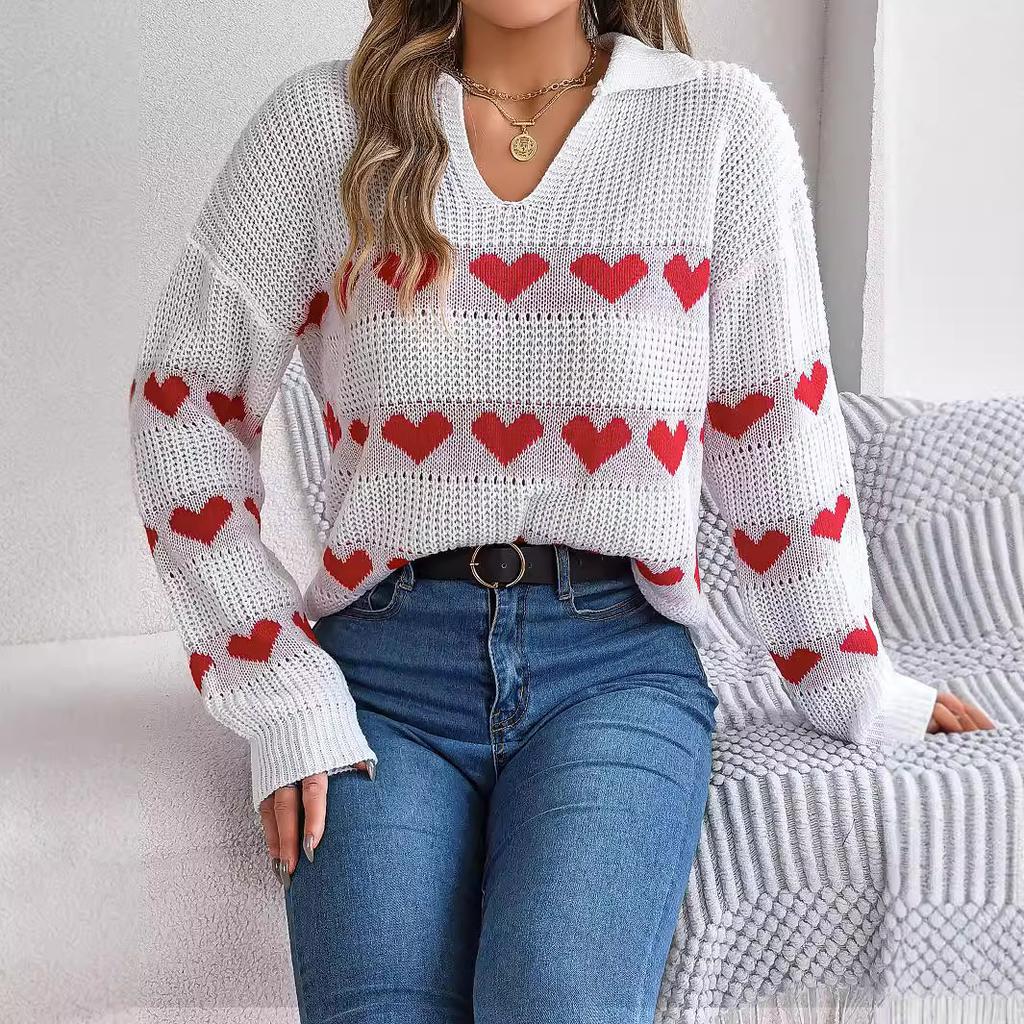 Women's Autumn and Winter Casual Lantern Sleeve Color Collision Heart Pullover Sweater