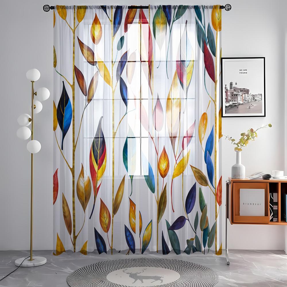 2 Pieces HD Digital Watercolor Botanical Leaf Printed Window Valance Home Decor Style Decoration Living Room Bedroom Rodding Cur