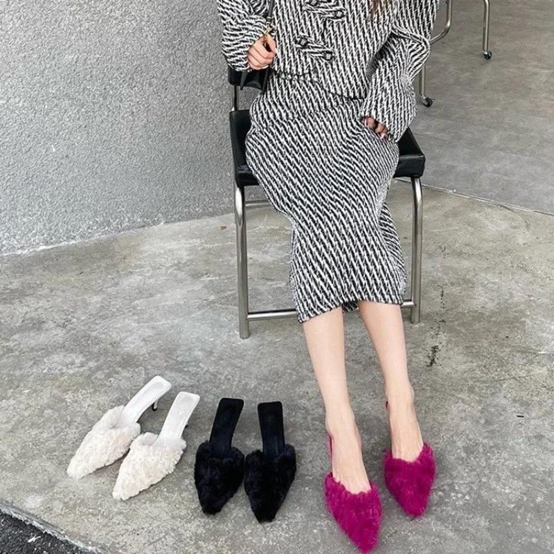 Женские туфли на высоком каблуке Замшевые тапочки 2023 Новый тренд Весенняя мода Вечеринка Сексуальные лодочки Повседневные женские туфли-стилет Сандалии с мехом Mujer