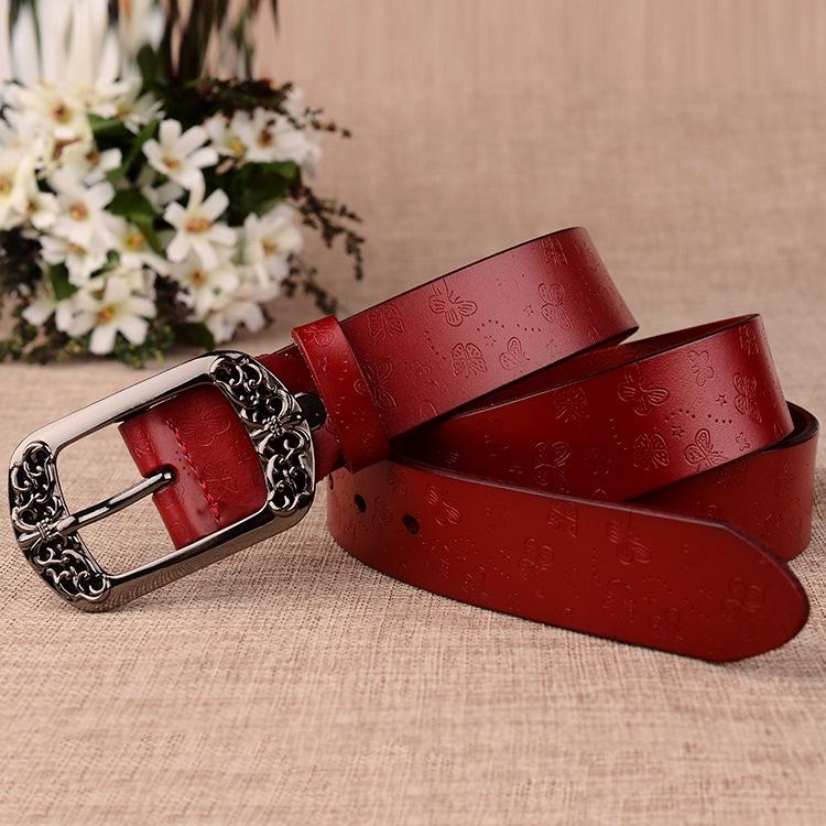 Women's Vintage Engraved Pin Buckle Genuine Cowhide Leather Belt - Versatile Casual Retro Waist Accessory