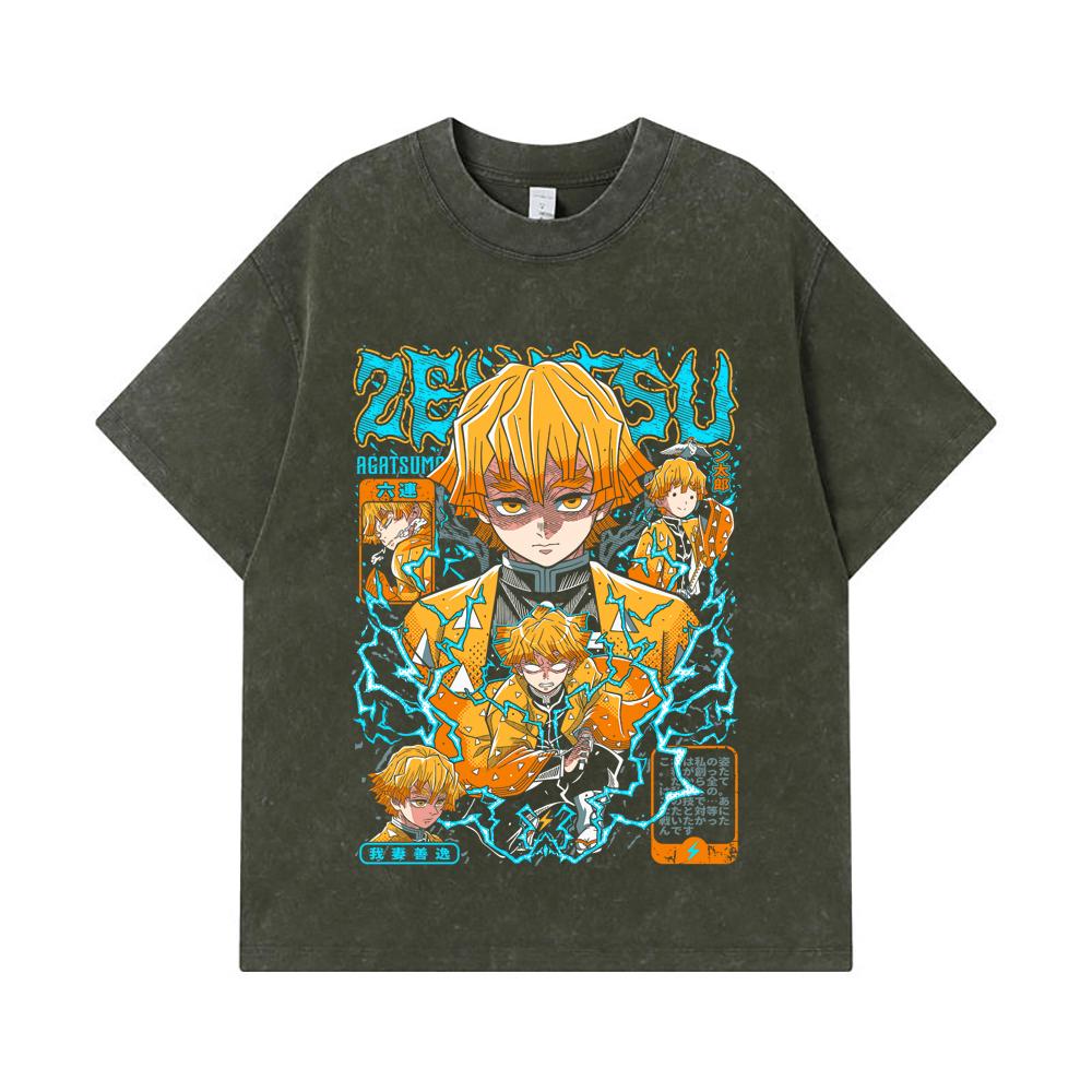 275 GSM Washed T-shirts 100% Cotton Demon Slayer V100 Zenitsu Print Unisex Heavy Cotton T Shirt