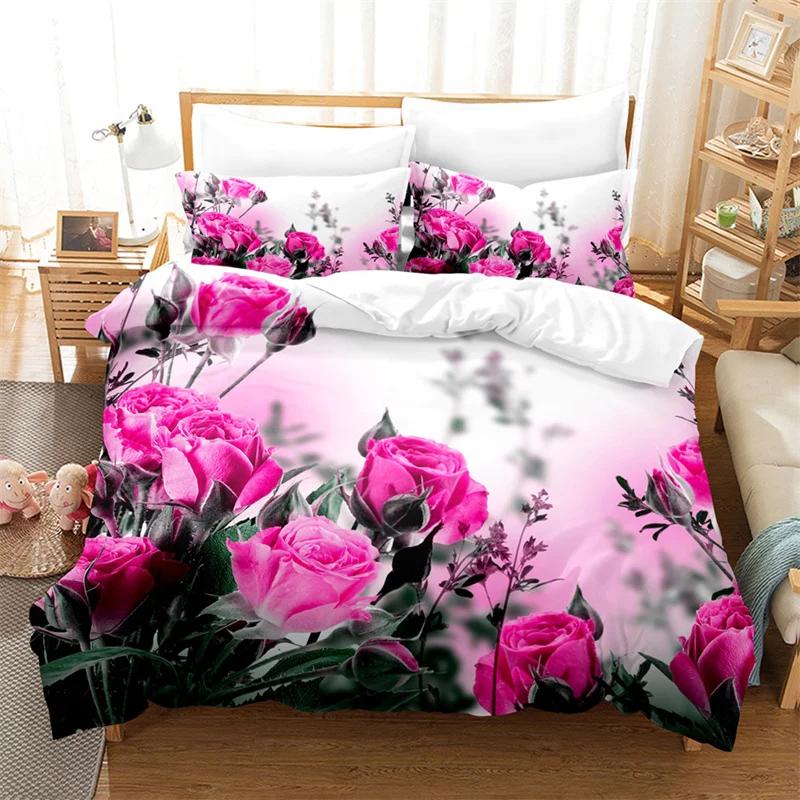 Comforter Rose Flower Bedding Set 4Pcs Pink Red 200X230 For Double Bed 3D Bedsheet 230X230 Full Size Thin Fabric