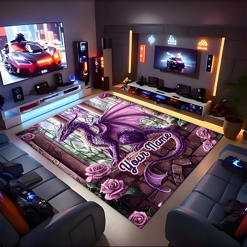 1PC Custom Name Purple Dragon Garden Theme Floor Mat Ideal for Living Room, Game Rooms, Office, Bedroom,Floor Mat Playful Design