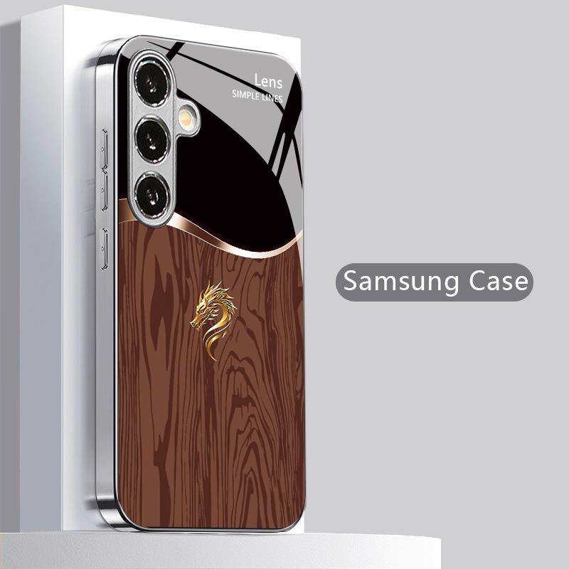 2D чехол для телефона с текстурой дерева и узором Золотого Дракона для Samsung S26 S25 S24 S23 S22 S21 S20 A56 A36 A16 - Стеклянная защитная крышка