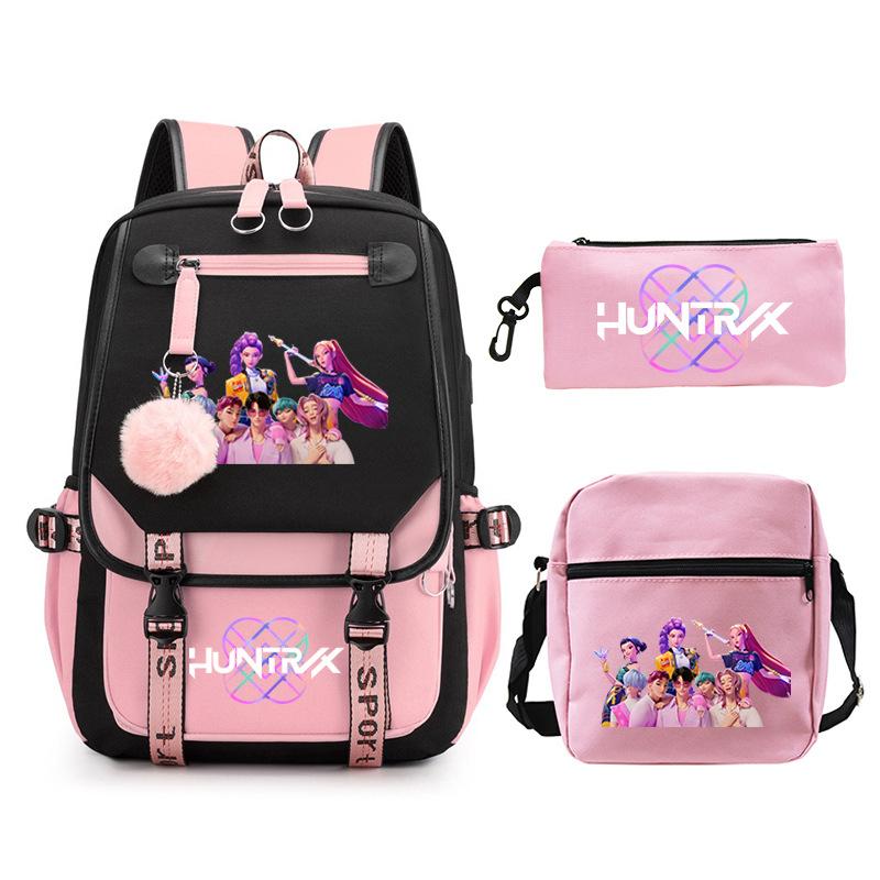 Kpop Trend Backpack Large Capacity Student School Bag Three-Piece Pencil Case Casual Shoulder Bag