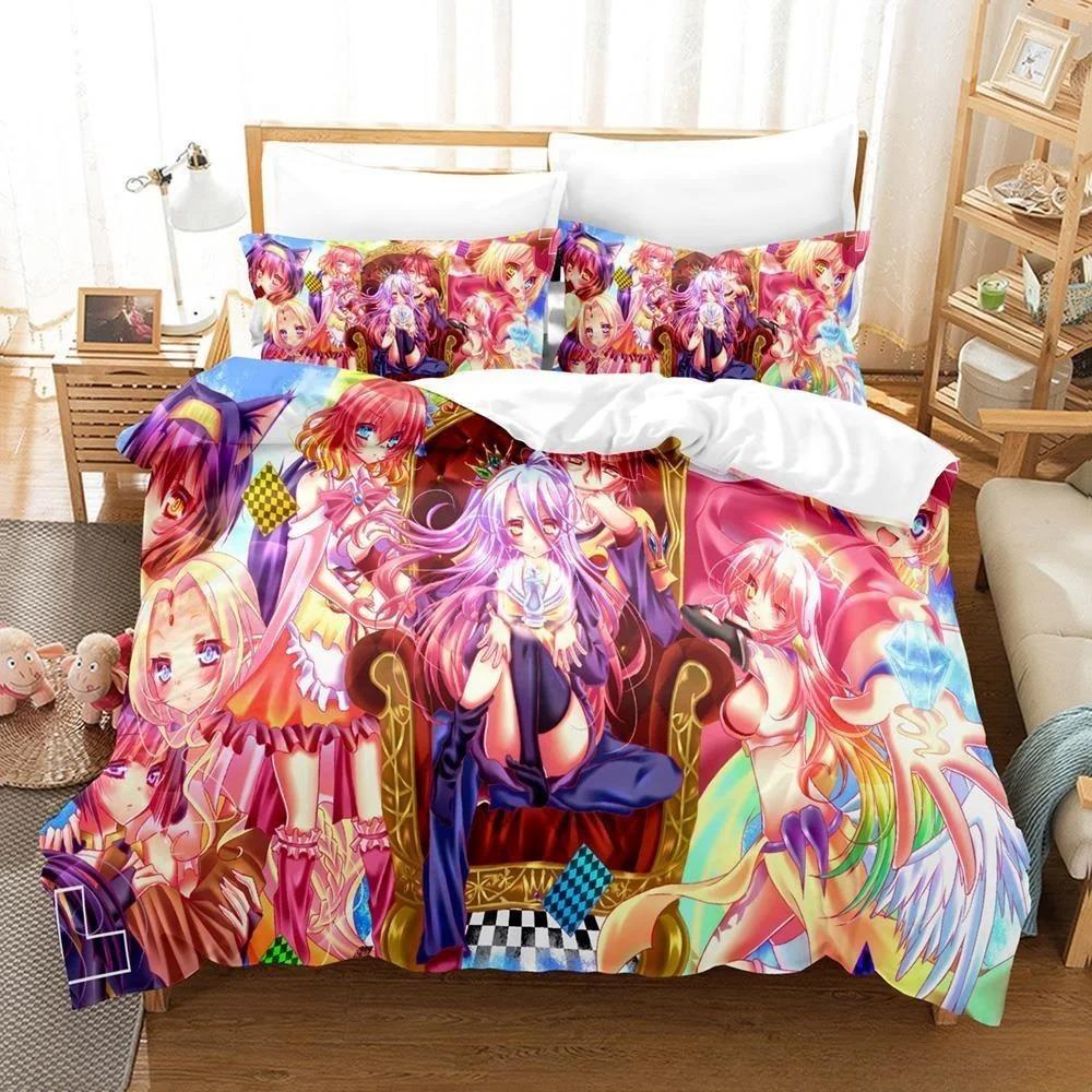 New 3D Printing Kawaii Girls Bedding No Game No Life Bedding Set Cartoon Anime Three-piece Set Adult Kid Bedroom Duvet Cover Set