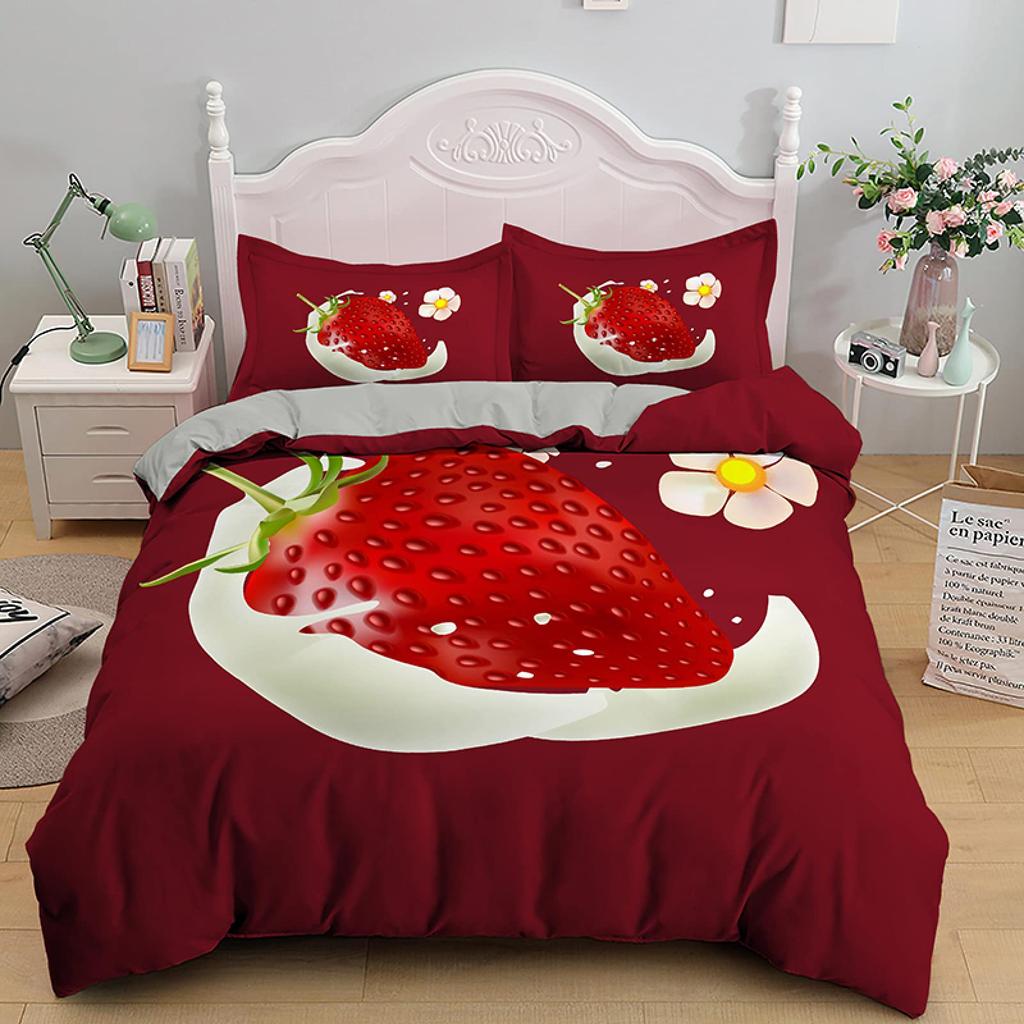 Постельное белье с клубникой для девочек, пододеяльник с сладкой клубникой для детей, розовый, милый мультфильм, фруктовая еда, девичий белый цветочный декор для комнаты