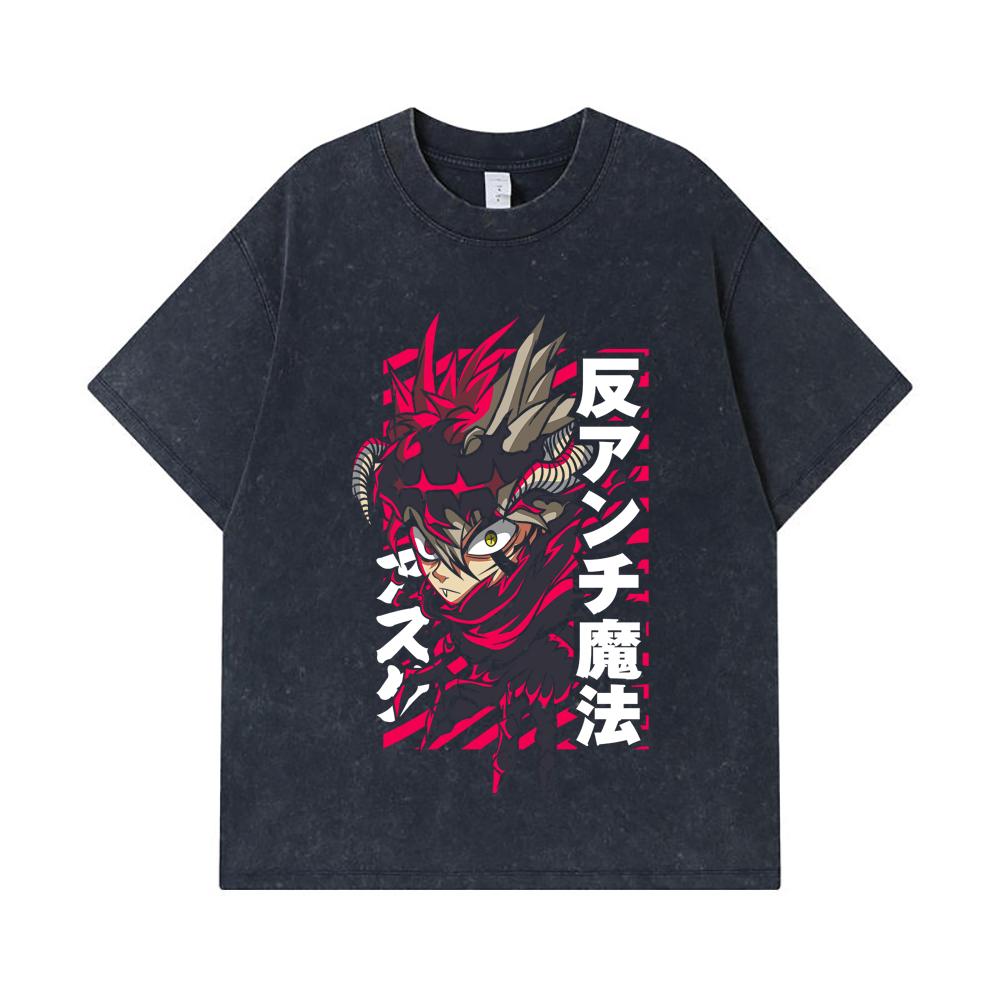 275 GSM Washed T-shirts 100% Cotton Black Clover V5 Asta Demon Print Unisex Heavy Cotton T Shirt