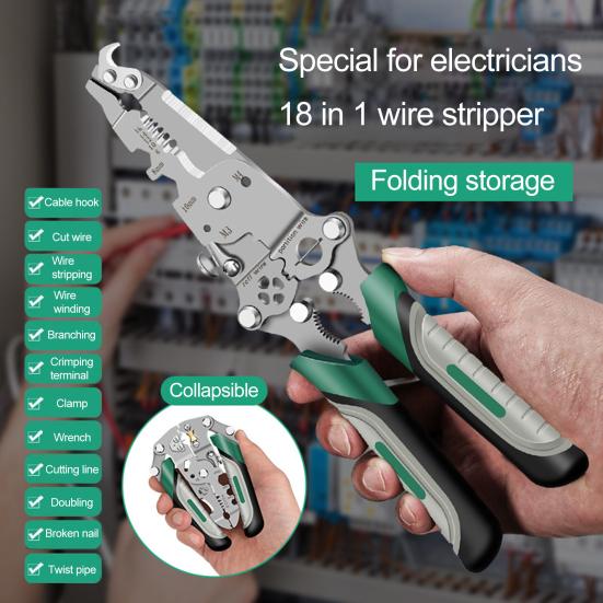 18-in-1 Foldable Wire Stripper Ergonomic Handle Portable Multifunctional Wire