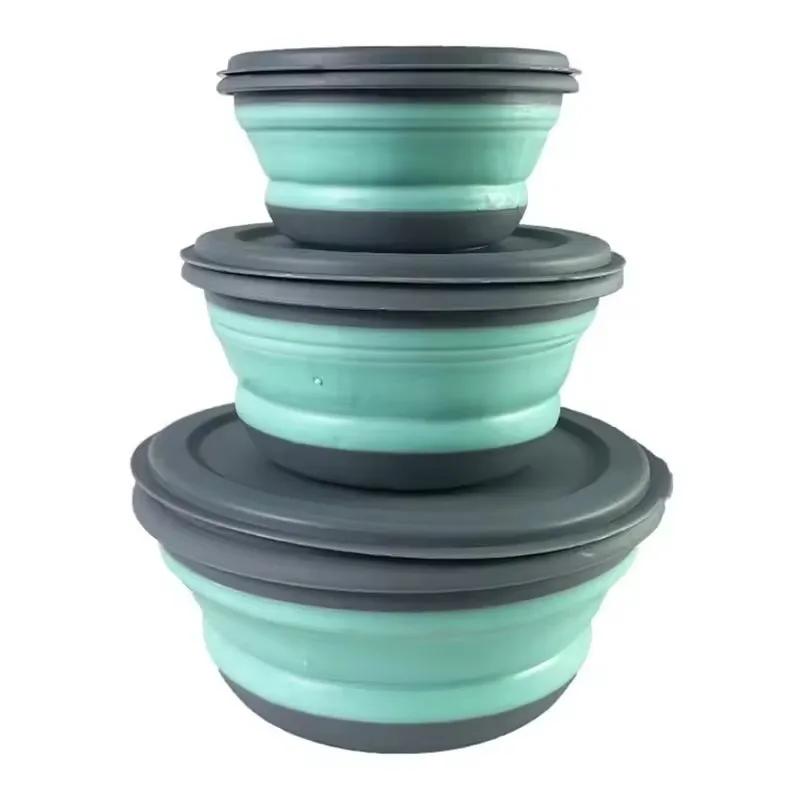 Круглый силиконовый складной ланч-бокс, складная миска для микроволновой печи, переносной складной контейнер для еды, салатница с крышкой