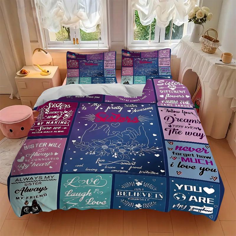 3PCs Sister Quotes Design Cover Set, Breathable Fabric, Machine Washable (1 Duvet Cover + 2 Pillowcases) (Without Quilt) yy250911179