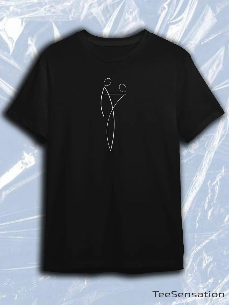 TeeSensation Black Crew Neck Short Sleeve T-Shirt with Minimalist White Line Art Couple Drawing