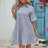 Летние повседневные платья с короткими рукавами Платье-рубашка на пуговицах Женское нерегулярное полосатое платье с отложным воротником Платье с высокой талией Платье с складным дизайном Пляжное платье