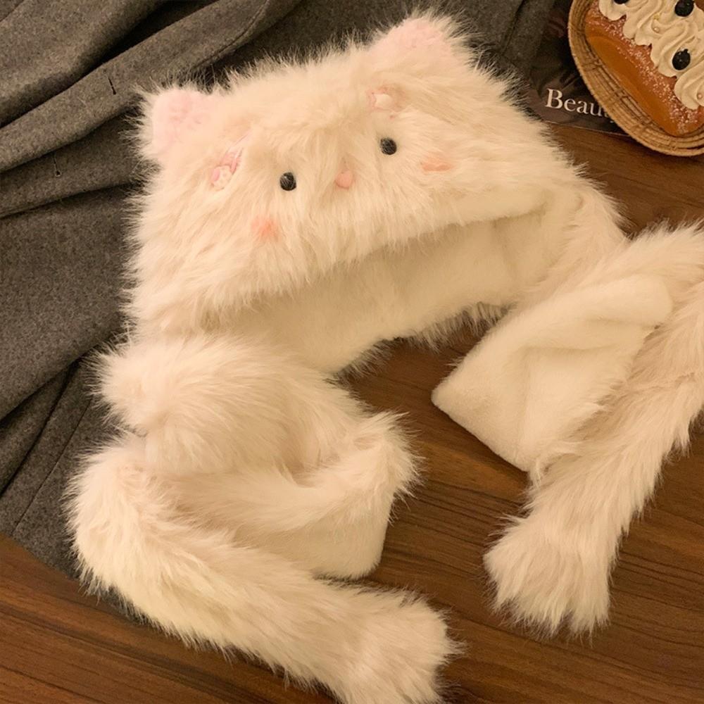 Soft Faux Rabbit Fur Scarf Cartoon Cat Neck Collar Cute Cartoon Hat Scarf  Winter