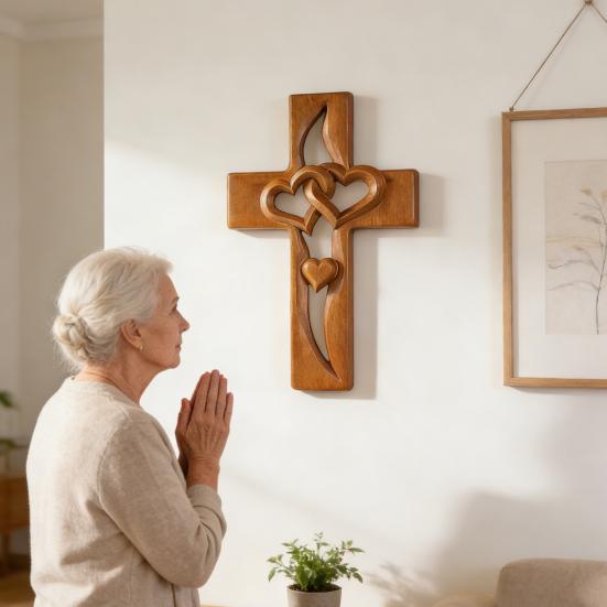 Деревянное настенное украшение «Переплетенные сердца» Ручная резьба Двойные сердца Настенная скульптура Украшение для дома Гостиная Настенное подвесное украшение Христианский религиозный орнамент