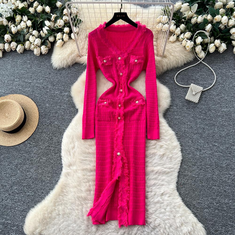 Новые женские платья Осень Зима Винтажное лоскутное вязаное миди-платье Элегантное платье-рубашка-свитер с V-образным вырезом и оборками