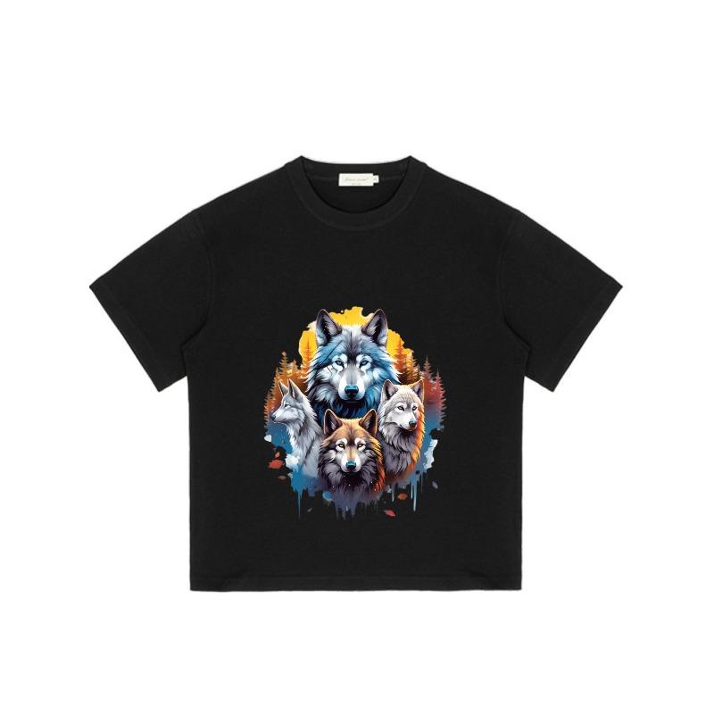 Черная футболка с принтом волка, дизайн с четырьмя волками и осенним лесом для повседневной носки