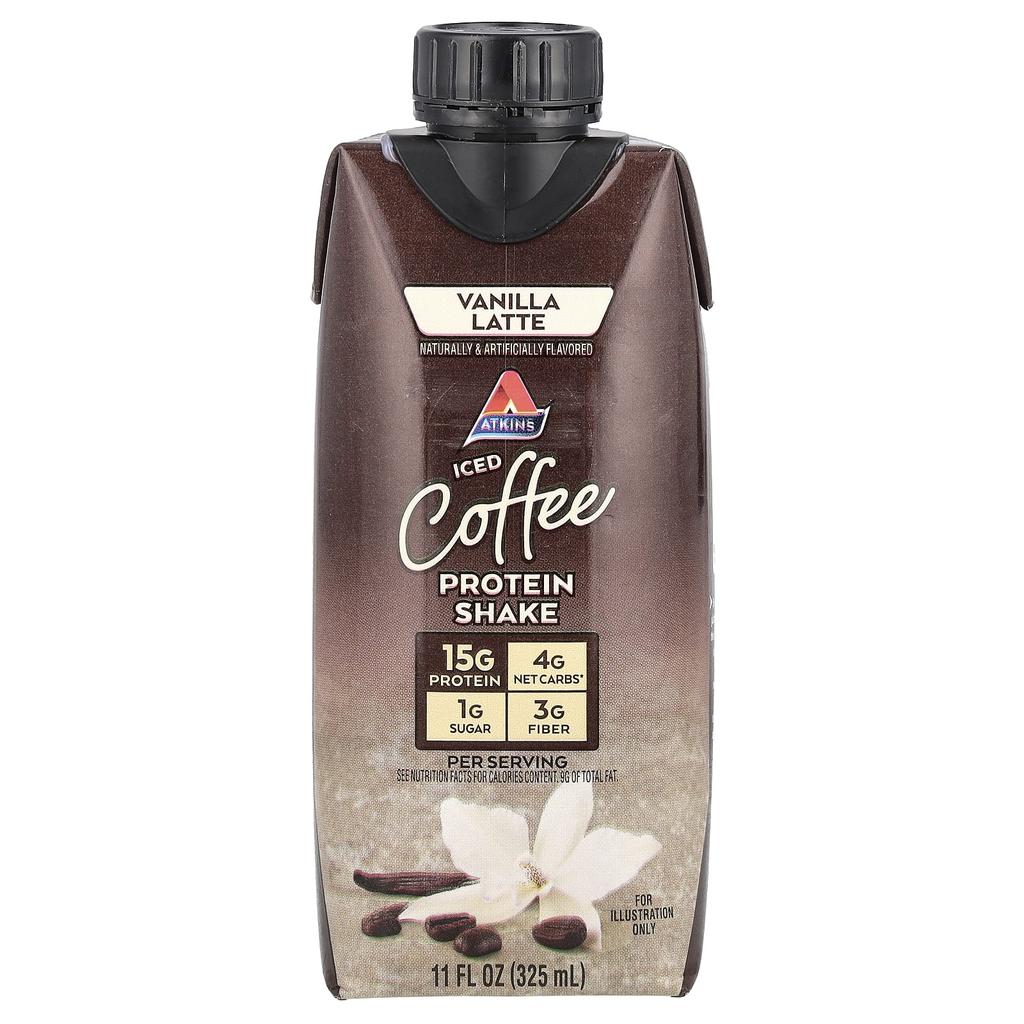 Atkins Протеиновый коктейль со льдом и кофе, ванильный латте, 4 коктейля, 11 жидких унций (325 мл) каждый